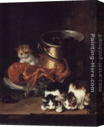 Neuville Canvas Paintings - Kittens with Mussels and a Lobster by Alfred Brunel de Neuville