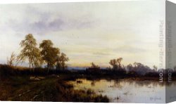 Ponies, a Calf And Poultry in a Farmyard Canvas Paintings - Sunset Over A Farmyard by Alfred de Breanski Snr