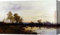 Ponies, a Calf And Poultry in a Farmyard Canvas Paintings - Sunset Over A Farmyard by Alfred de Breanski