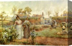 Chrysanthemums Canvas Paintings - A Lady And Her Maid Picking Chrysanthemums by Alfred Glendening