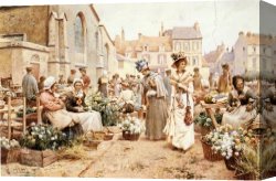 Spanish Town Canvas Paintings - Flower Market in a French Town by Alfred Glendening