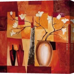 Exotic Floral II Canvas Paintings - Orange Geometric Floral II by Alfred Gockel