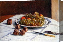 Pears And Grapes on a Table Canvas Paintings - Grapes And Walnuts On A Table by Alfred Sisley