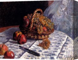 Apples Peaches Pears And Grapes Canvas Paintings - Still Life Apples And Grapes by Alfred Sisley