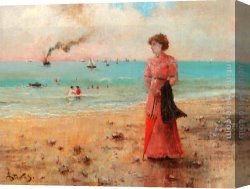 Femme Canvas Paintings - Jeune femme a l'ombrelle rouge au bord de la mer by Alfred Stevens