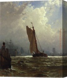 Harbor, Canvas Paintings - New York Harbor with the Brooklyn Bridge Under Construction by Alfred Thompson Bricher