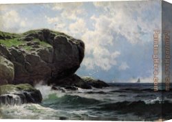 Head Canvas Paintings - Rocky Head with Sailboats in Distance by Alfred Thompson Bricher
