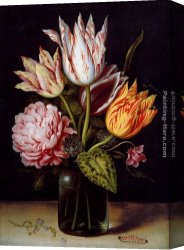 Elder Canvas Paintings - A Still Life With A Bouquet Of Tulips, A Rose, Clover And A Cylclamen In A Green Glass Bottle by Ambrosius Bosschaert the Elder