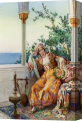 Cattle And Sheep Resting Canvas Paintings - A Turkish Beauty Resting on a Terrace by Amedeo Momo Simonetti