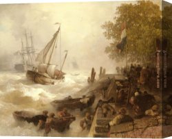 Achenbach Canvas Paintings - Hafeneinfahrt Bei Rauher See by Andreas Achenbach