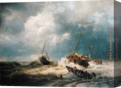 Achenbach Canvas Paintings - Ships in a Storm on the Dutch Coast 1854 by Andreas Achenbach
