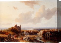 Schelfhout Canvas Paintings - A Panoramic River Landscape by Andreas Schelfhout