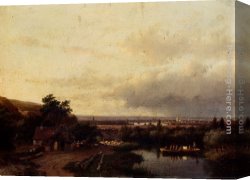 Schelfhout Canvas Paintings - A Summer Landscape With A Ferry by Andreas Schelfhout