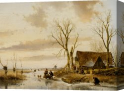 Schelfhout Canvas Paintings - A Winter Landscape with Skaters on a Frozen River by Andreas Schelfhout