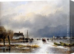Schelfhout Canvas Paintings - A Winter Landscape With Skaters On A Frozen Waterway by Andreas Schelfhout