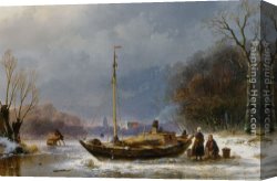 Schelfhout Canvas Paintings - A Wintry Scene with Figures near a Boat on the Ice by Andreas Schelfhout