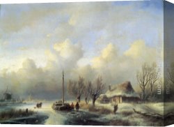 Schelfhout Canvas Paintings - Figures in a winter landscape by Andreas Schelfhout