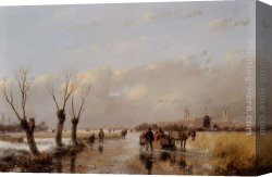 Schelfhout Canvas Paintings - Figures on a Frozen Canal by Andreas Schelfhout