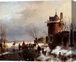 Spanish Town Canvas Paintings - Figures With A Horse Sledge On The Ice, A Town In The Distance by Andreas Schelfhout