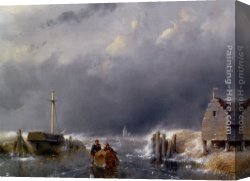 Schelfhout Canvas Paintings - Figures with a sledge on a frozen waterway by Andreas Schelfhout