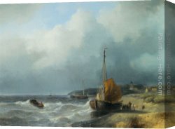 Schelfhout Canvas Paintings - Fisherfolk by a Beached Bomschuit by Andreas Schelfhout