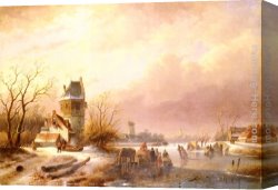 Schelfhout Canvas Paintings - Skaters On A Frozen River by Andreas Schelfhout