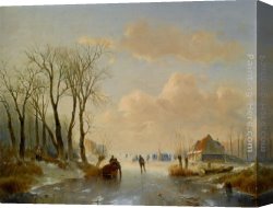 Schelfhout Canvas Paintings - Skaters on the ice with a Koek En Zopie in the distance by Andreas Schelfhout