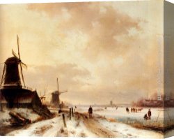 Schelfhout Canvas Paintings - Winter a huntsman passing woodmills on a snowy track, skaters on a frozen river beyond by Andreas Schelfhout