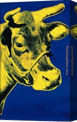 Yellow Canvas Paintings - Cow Yellow on Blue Background by Andy Warhol