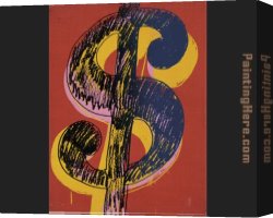 Yellow Canvas Paintings - dollar sign black and yellow on red by Andy Warhol