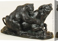 Antoine Canvas Paintings - Bull Attacked by a Bear by Antoine Louis Barye
