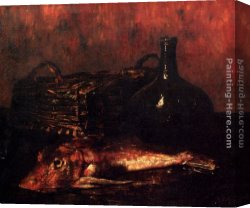 Around The Fish Canvas Paintings - A Still Life With A Fish, A Bottle And A Wicker Basket by Antoine Vollon