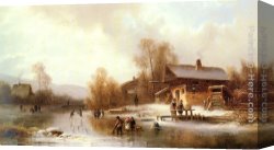 Anton Canvas Paintings - Skaters and Washerwomen in a Frozen Landscape by Anton Doll