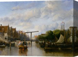Busy Canvas Paintings - A Busy Canal in a Dutch Town by Antonie Waldorp