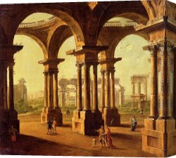 Antonio Canvas Paintings - Cappricio Of Roman Ruins with Classical Figures by Antonio Joli