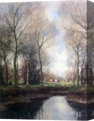 Highland Cattle Grazing by a Mountain Stream Canvas Paintings - Cows Grazing Along a Stream by Arnold Marc Gorter