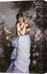 The Women in The Garden Canvas Paintings - A Young Woman in a Rose Garden by Auguste Toulmouche