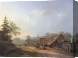Cart Canvas Paintings - A Cart on a Country Road in Summertime by Barend Cornelis Koekkoek