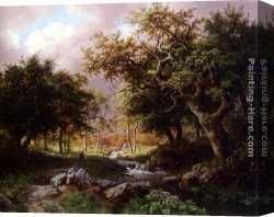 Wooded Landscape with Water Mill Canvas Paintings - A Wooded Landscape With Figures Along A Stream by Barend Cornelis Koekkoek