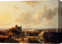 Lord Rivers' Roan Mare in a Landscape Canvas Paintings - AnExtensive River Landscape With Travellers On A Path And A Castle In Ruins In The Distance by Barend Cornelis Koekkoek