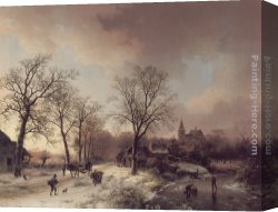 A Winter Landscape with Skaters Near a Village Canvas Paintings - Figures in a Winter Landscape by Barend Cornelis Koekkoek