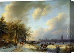 Skaters Canvas Paintings - Skaters On A Waterway by Barend Cornelis Koekkoek