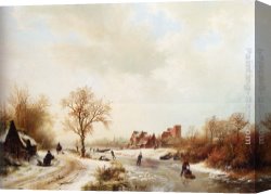 Peasant Canvas Paintings - Winterlandschap A Winter Landscape With Skaters On A Frozen Waterway And Peasants By A Farm In The Foreground by Barend Cornelis Koekkoek
