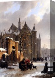 Hove Canvas Paintings - A Capricio View With Figures Leaving A Church In Winter by Bartholomeus Johannes Van Hove