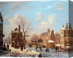Spanish Town Canvas Paintings - A Dutch Town Scene in Winter by Bartholomeus Johannes Van Hove
