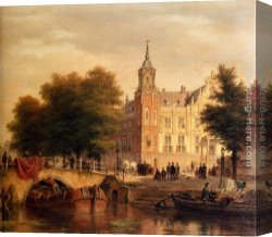 Hove Canvas Paintings - A Sunlit Townview With Figures Gathered On A Square Along A Canal by Bartholomeus Johannes Van Hove