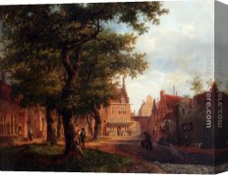 Squares with Concentric Canvas Paintings - A Village Square With Villagers Conversing Under Trees by Bartholomeus Johannes Van Hove