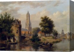 Riverside Canvas Paintings - View Of A Riverside Dutch Town by Bartholomeus Johannes Van Hove