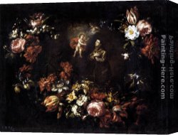 Bartolome Esteban Murillo Canvas Paintings - Garland of Flowers with St Anthony of Padua by Bartolome Perez
