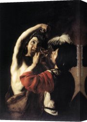Bacchus And Ariadne Canvas Paintings - Bacchus and a Drinker by Bartolomeo Manfredi